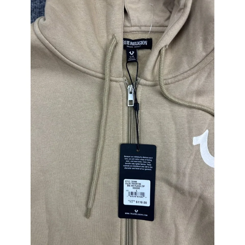 True Religion Hoodie Mens Large‎ Beige Full Zip Fleece Sweatshirt Logo Back
